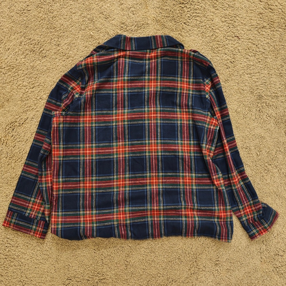 LL Bean Mens XL Flannel Pajama Top Navy Red Tartan Plaid Cotton Sleep Shirt - Picture 3 of 6
